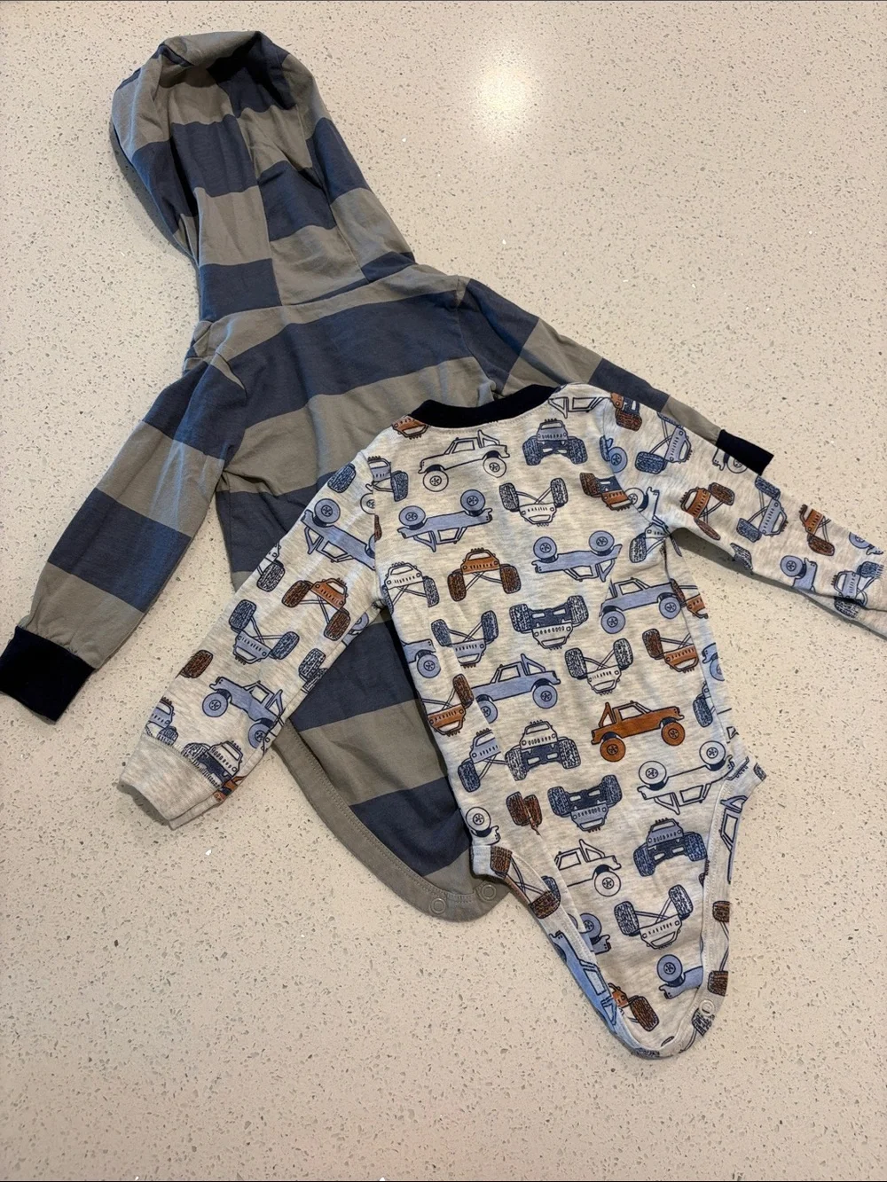 Carter's Blue & Gray Striped Hooded One-Piece with Truck-Print Bodysuit 9 Months
